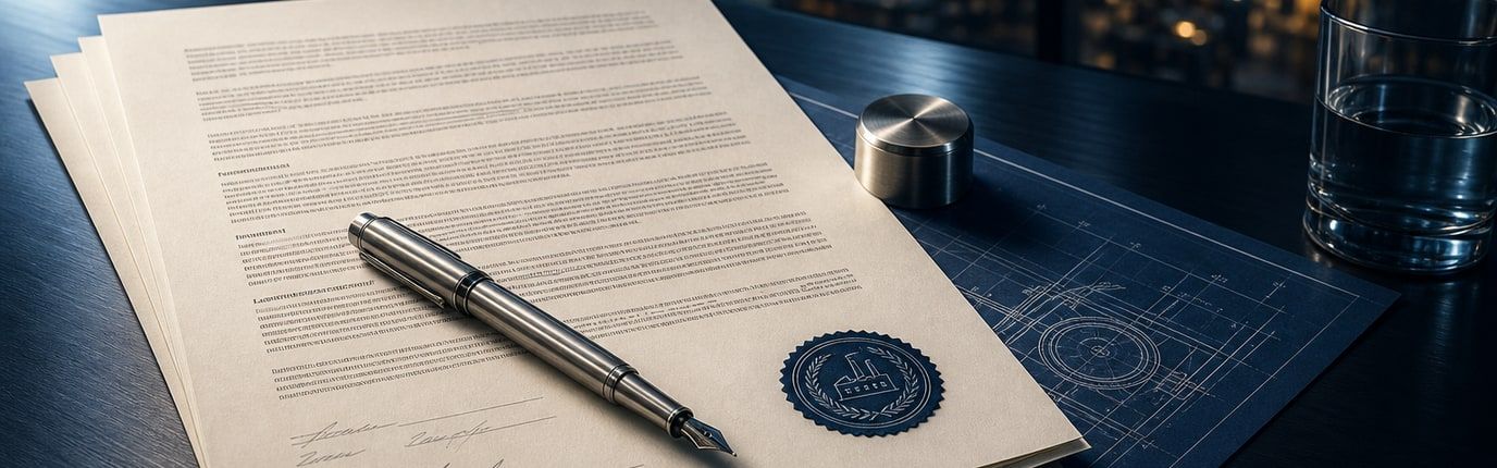 Signed contract document with fountain pen and corporate seal on an executive desk